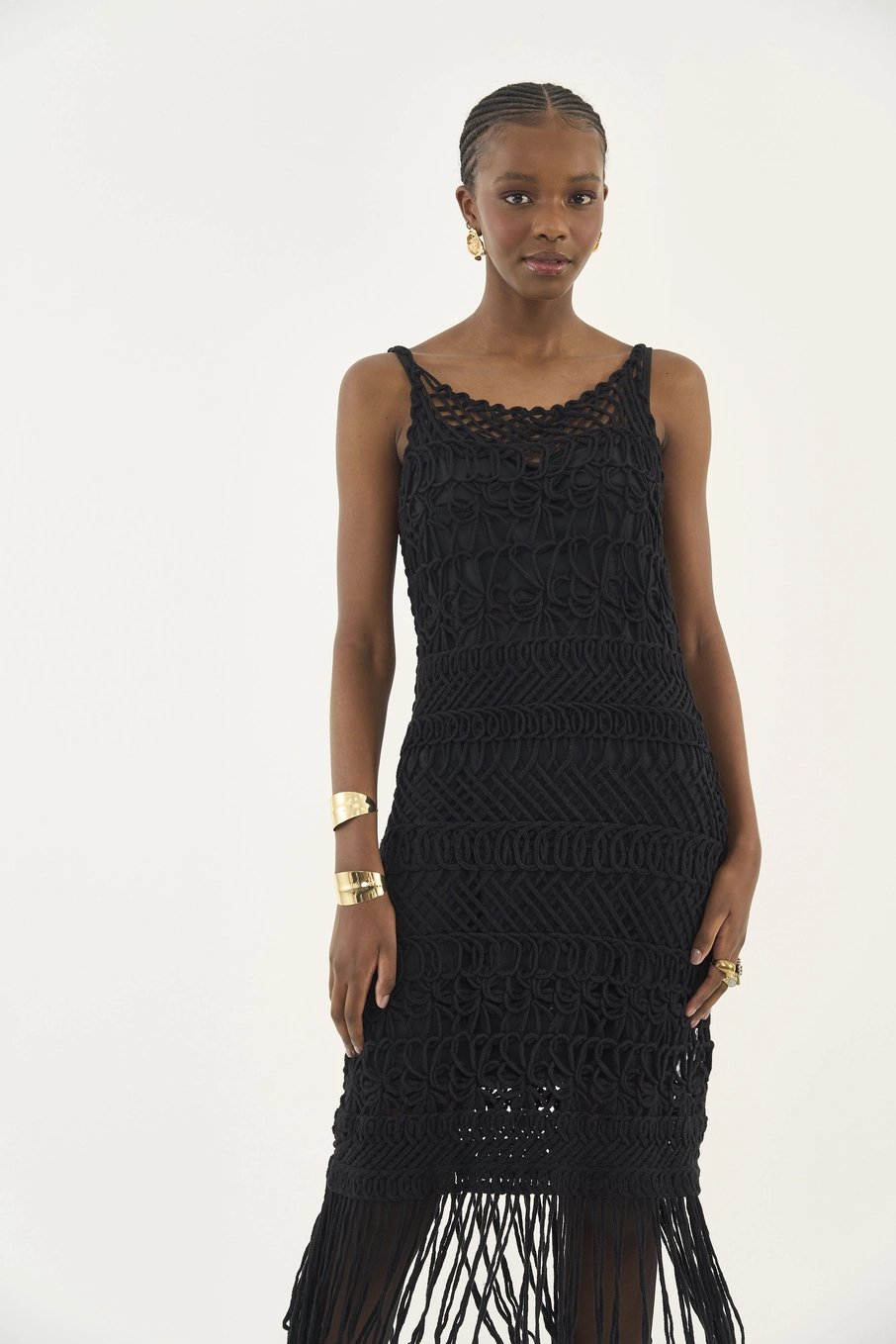 Vestido Trico Com Franjas Preto
