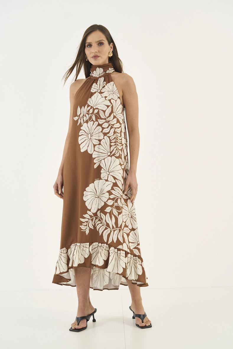 Vestido Midi Estampado Gola Alta