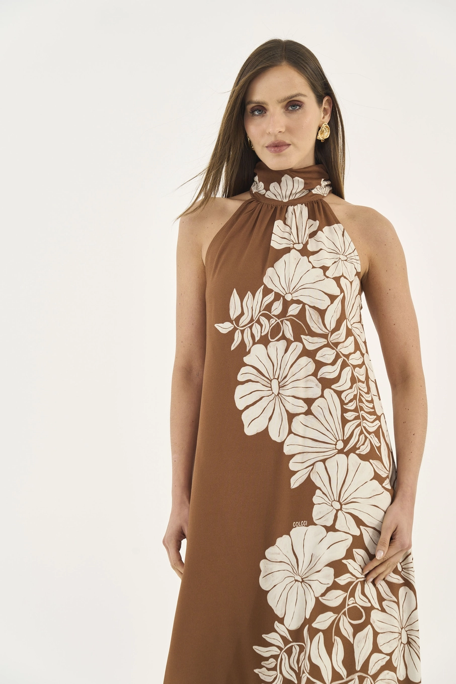 Vestido Midi Estampado Gola Alta Estampados