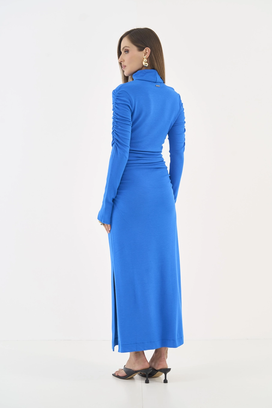 Vestido Midi Manga Longa Com Franzido Azul