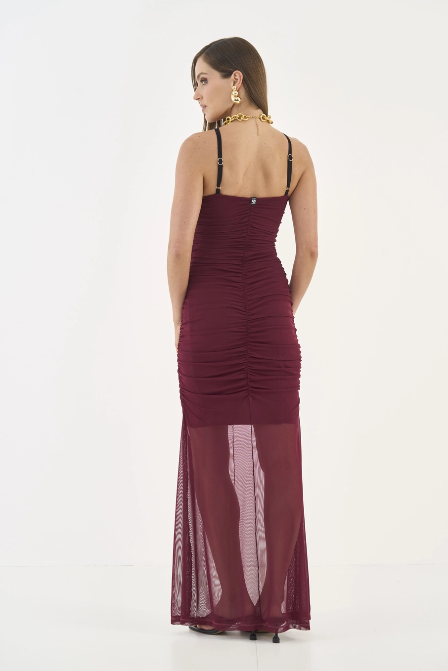 Vestido Longo Em Tule Franzido Bordô