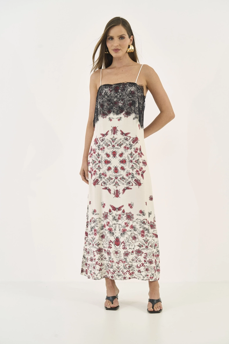 Vestido Midi Estampado Com Detalhe Em Renda