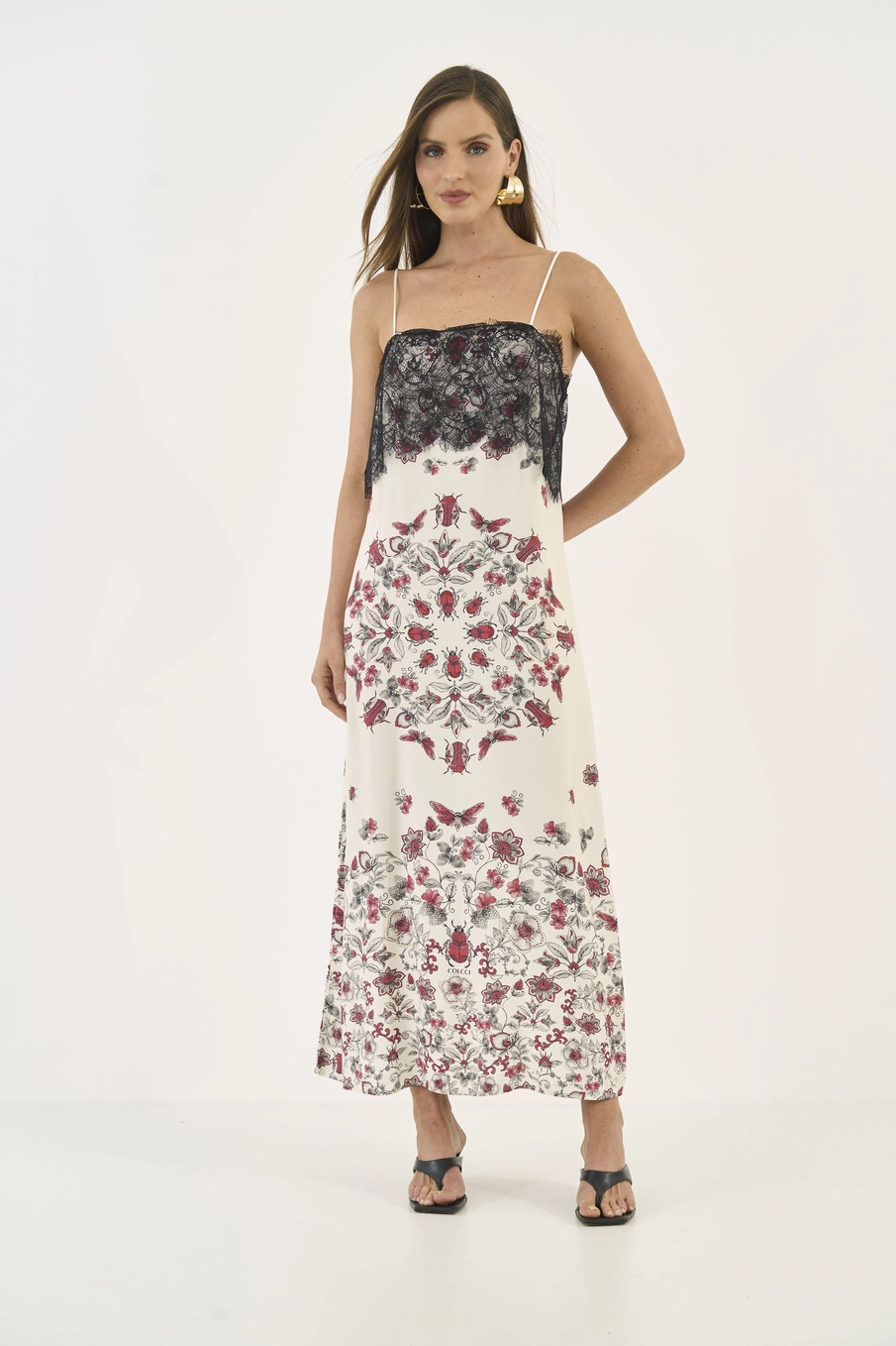 Vestido Midi Estampado Com Detalhe Em Renda Estampados
