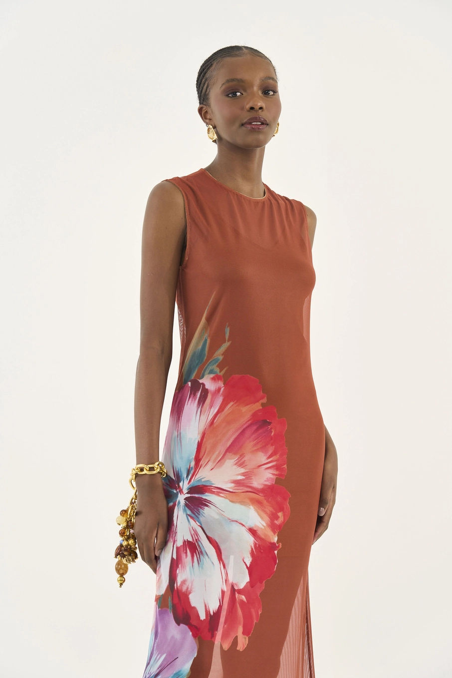 Vestido Midi Em Tule Com Estampa Floral Marrom
