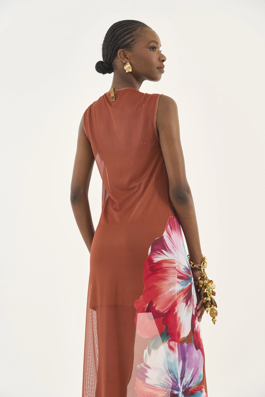 Vestido Midi Em Tule Com Estampa Floral Marrom