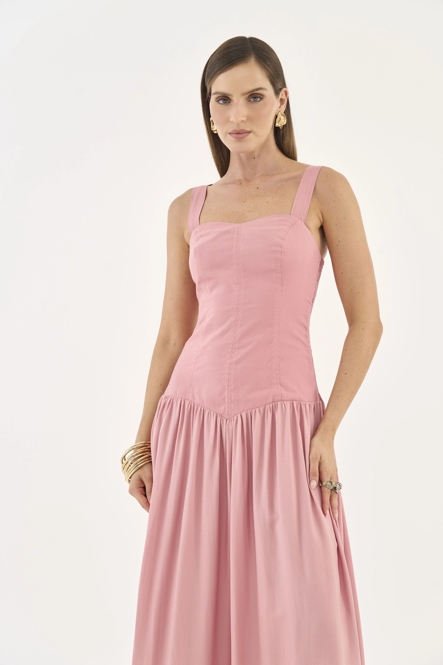 Vestido Fluido Com Linho Rosa