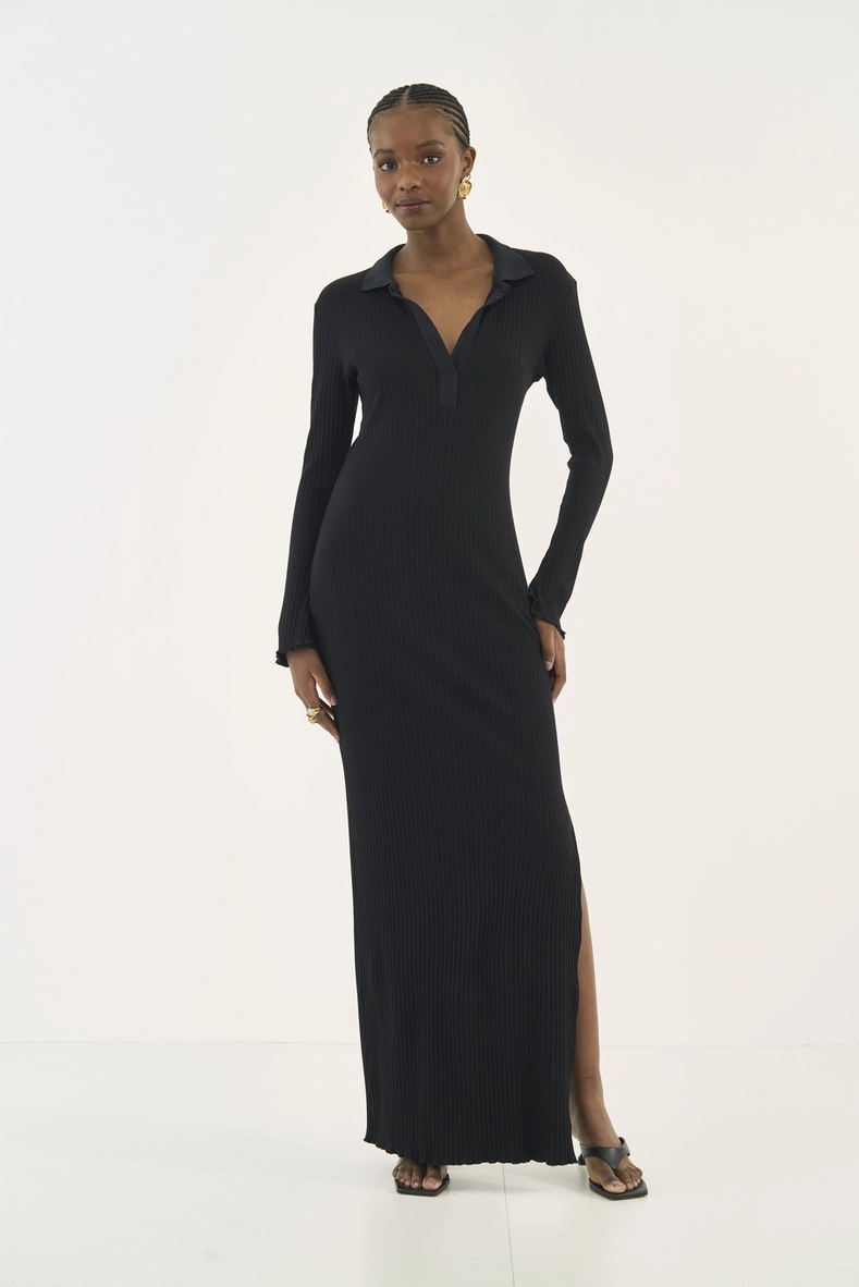 Vestido Slim Canelado Longo Manga Longa Com Fenda
