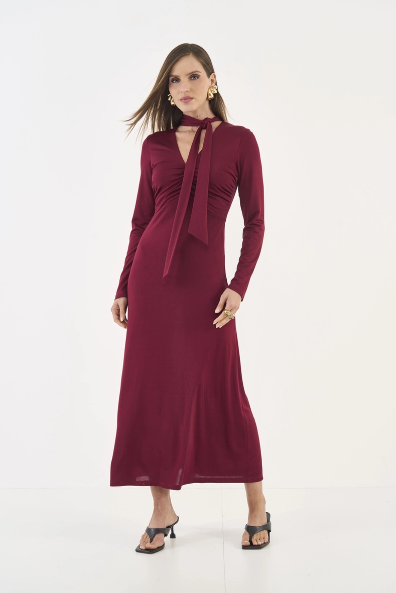 Vestido Midi Manga Longa Com Drapeado