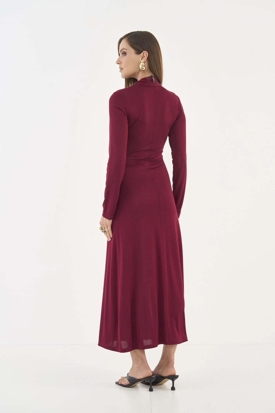 Vestido Midi Manga Longa Com Drapeado Bordô