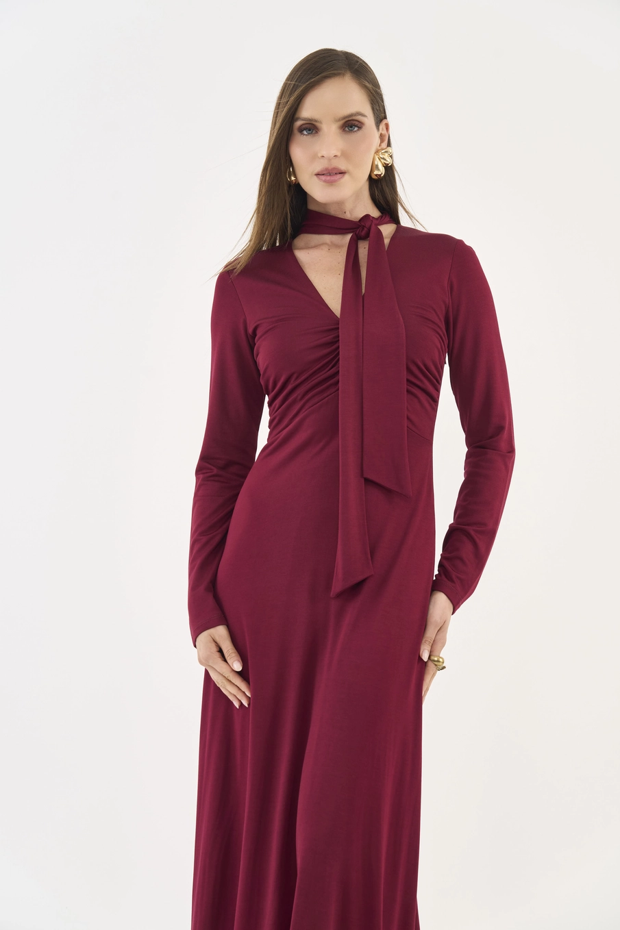 Vestido Midi Manga Longa Com Drapeado Bordô