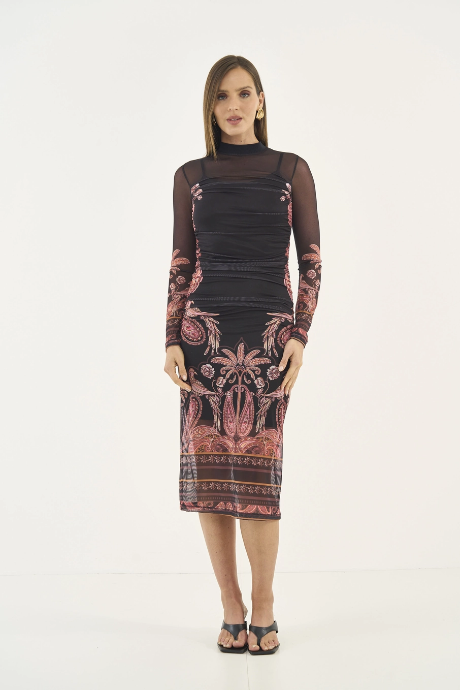 Vestido Tule Midi Estampado Com Franzido Estampados