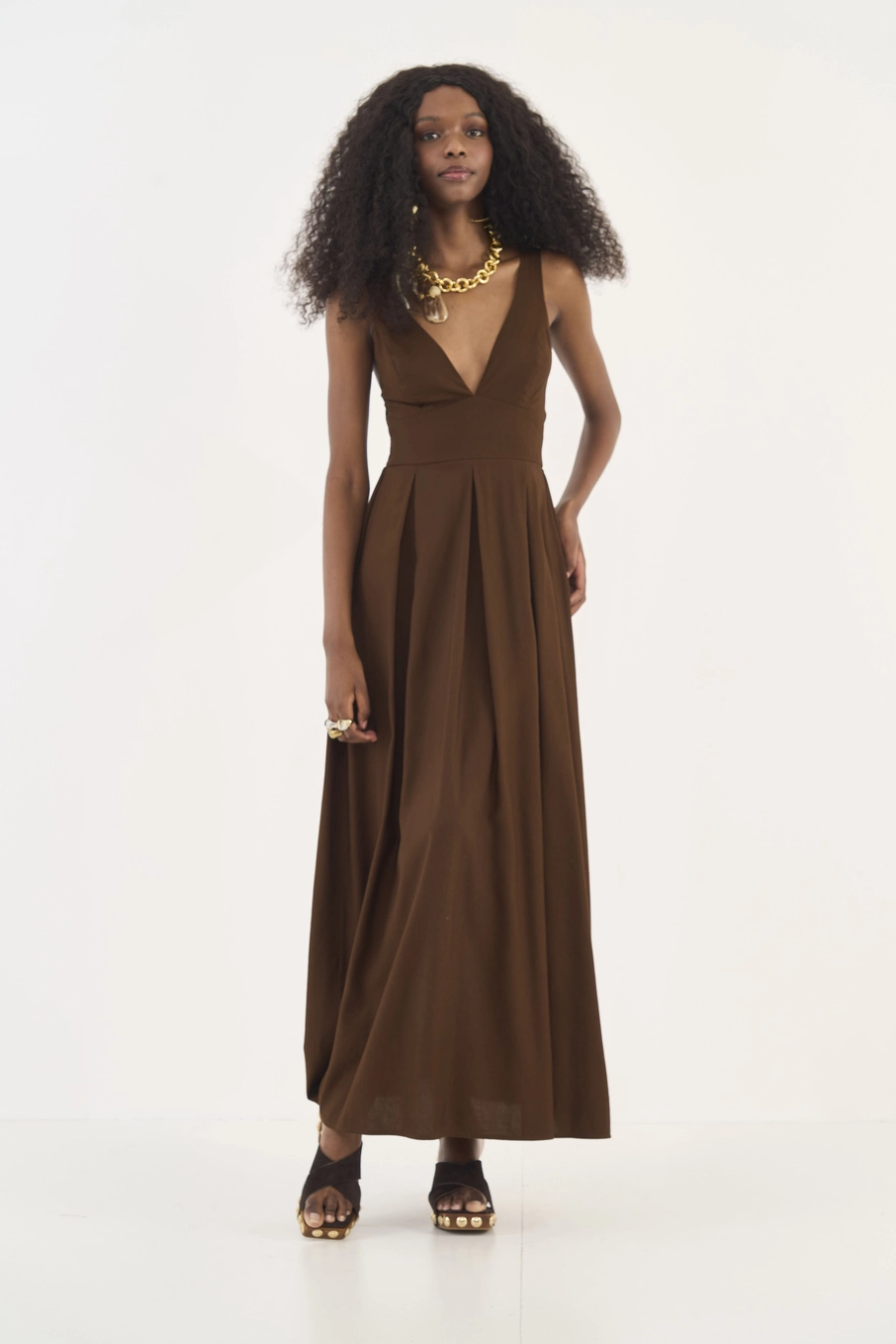 Vestido Longo Loose Com Linho Marrom