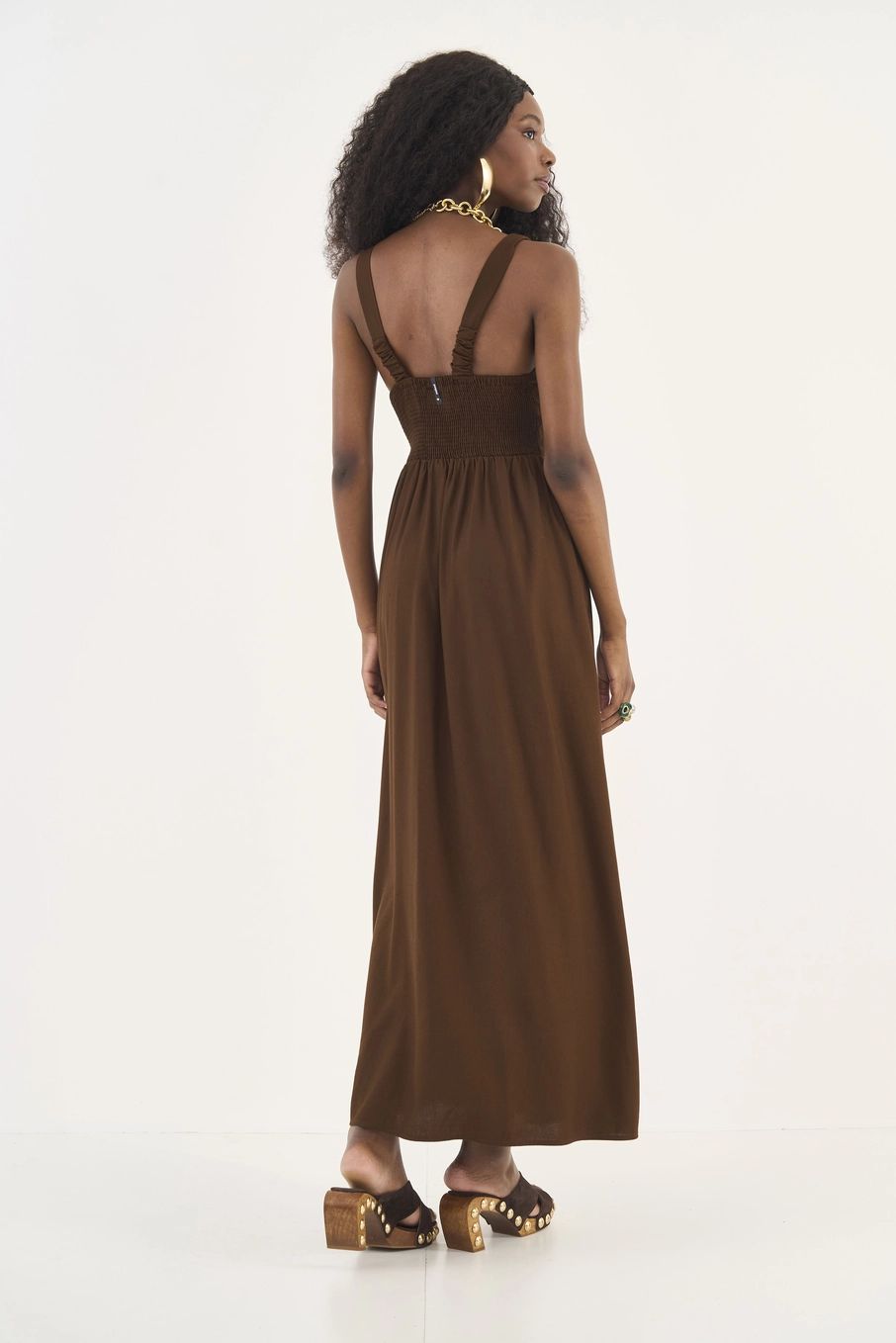 Vestido Longo Loose Com Linho Marrom