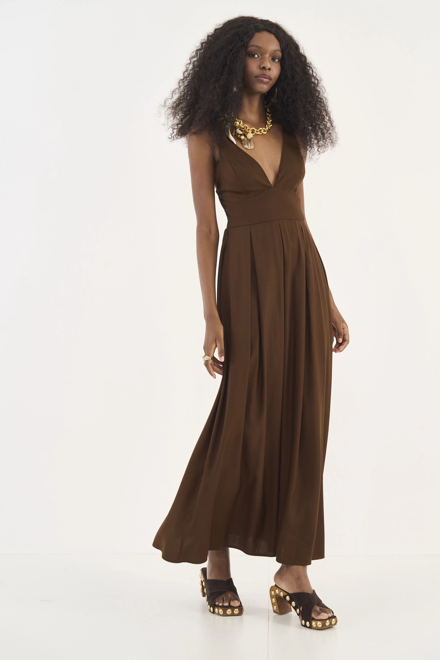 Vestido Longo Loose Com Linho Marrom