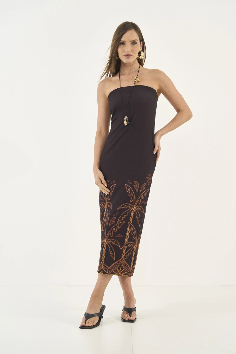 Vestido Midi Slim Sem Alças Estampado Estampados