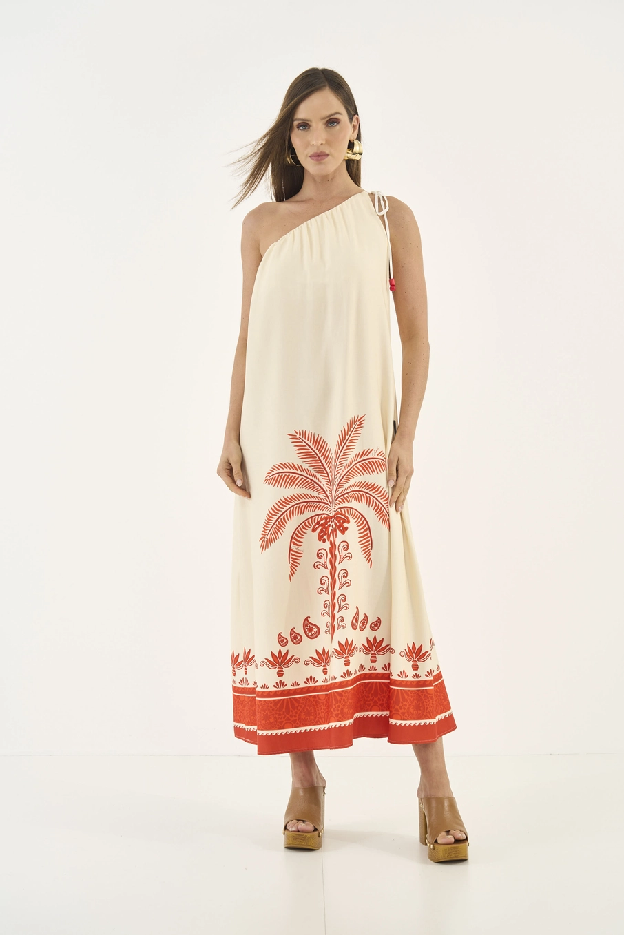 Vestido Midi Amplo Uma Alça Estampado Estampados