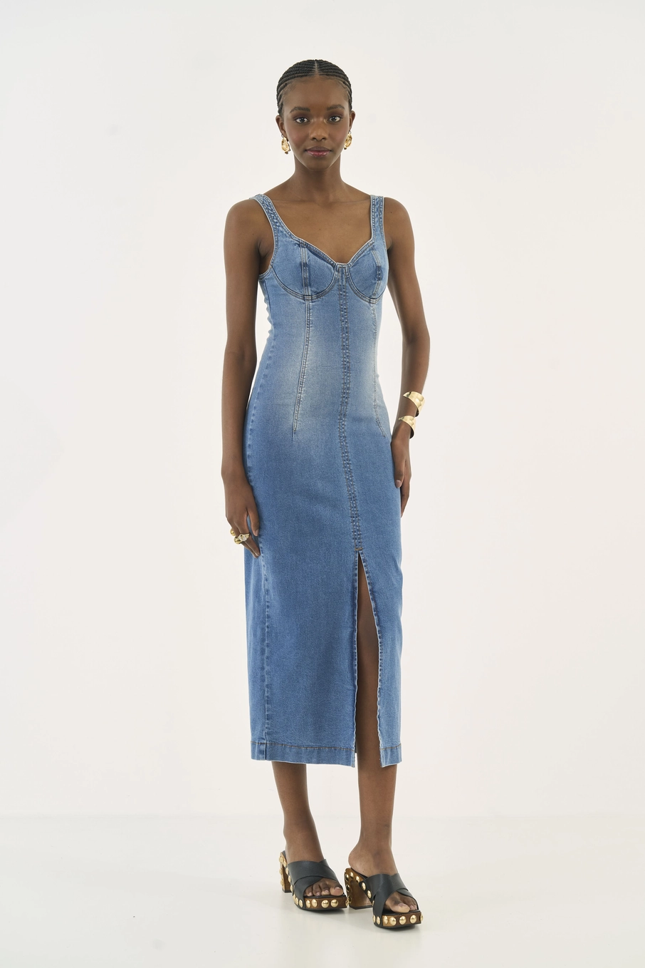 Vestido Midi Slim Com Fenda Frontal Índigo