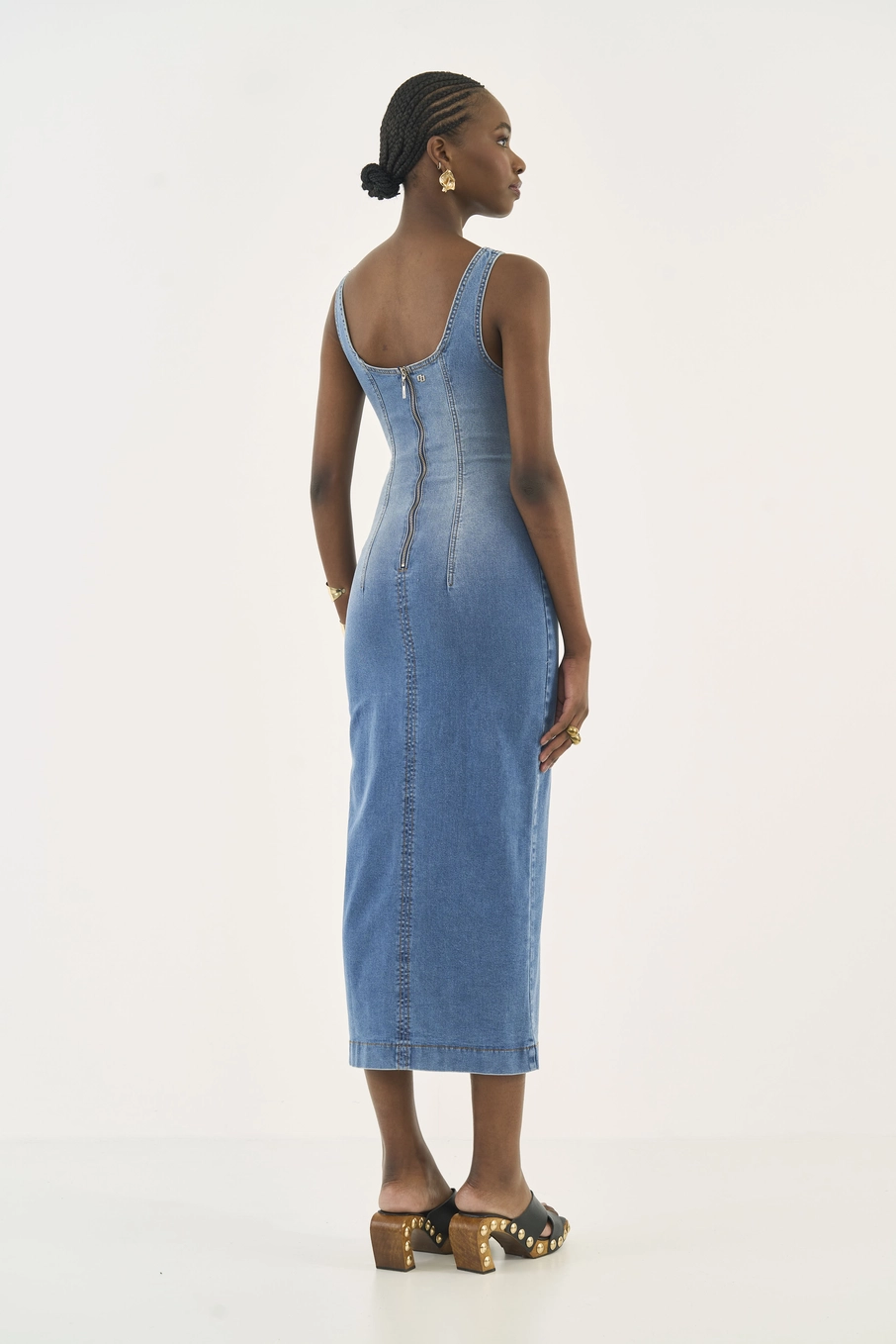 Vestido Midi Slim Com Fenda Frontal Índigo