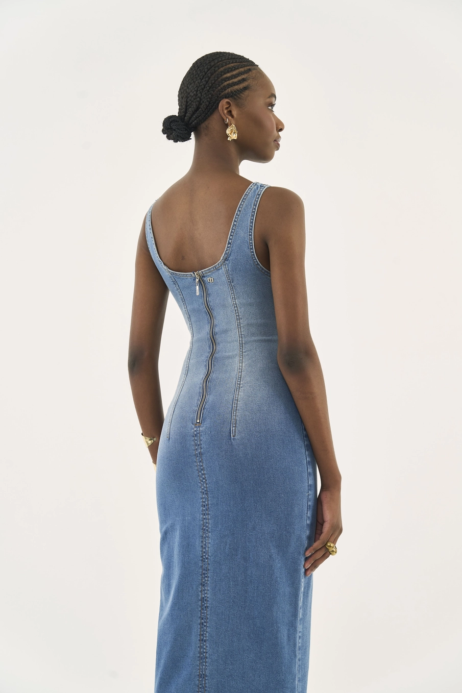 Vestido Midi Slim Com Fenda Frontal Índigo