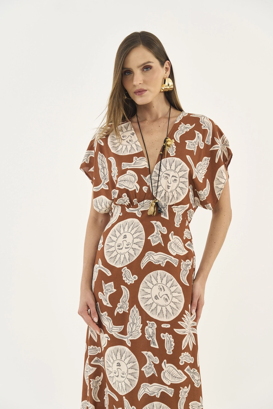 Vestido Midi Acinturado Com Estampa Estampados
