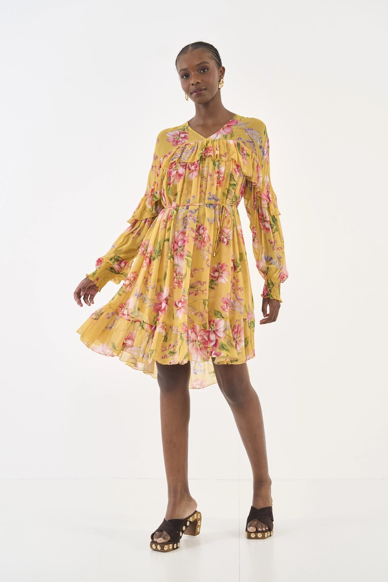Vestido Floral Fluido Com Babados
