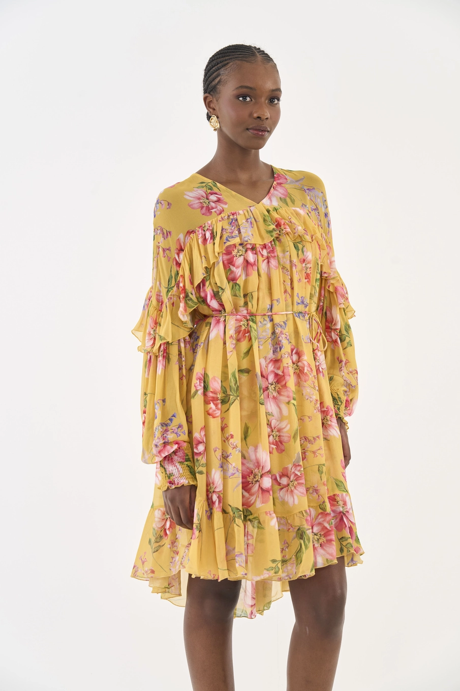 Vestido Floral Fluido Com Babados Estampados