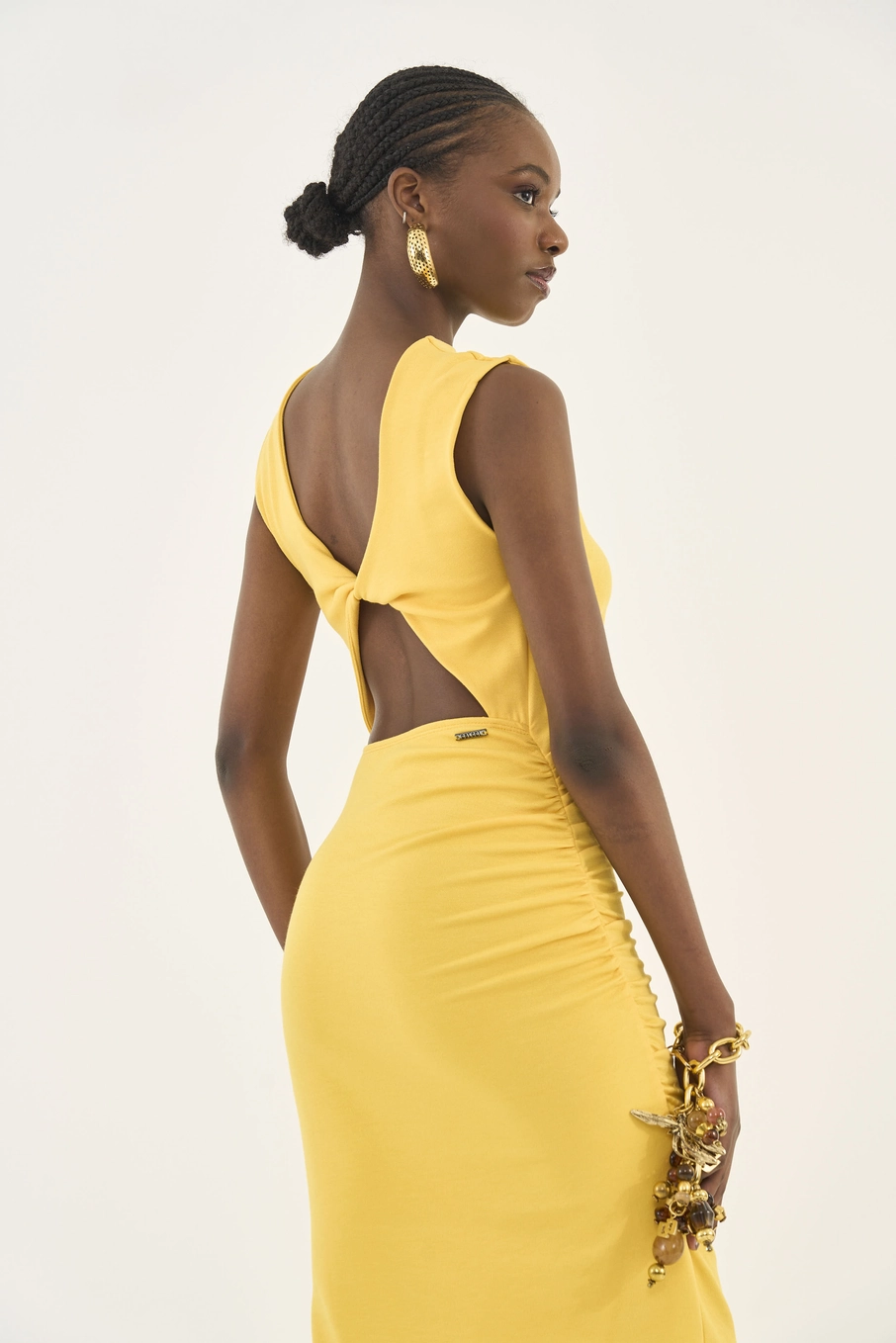 Vestido Midi Slim Com Fenda Amarelo