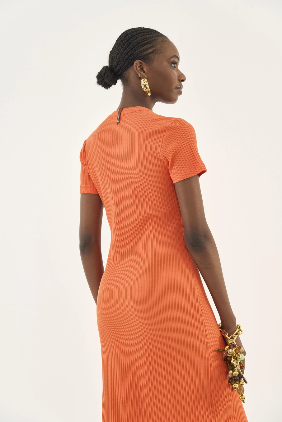 Vestido Midi Canelado Comfy Com Fenda Frontal Laranja
