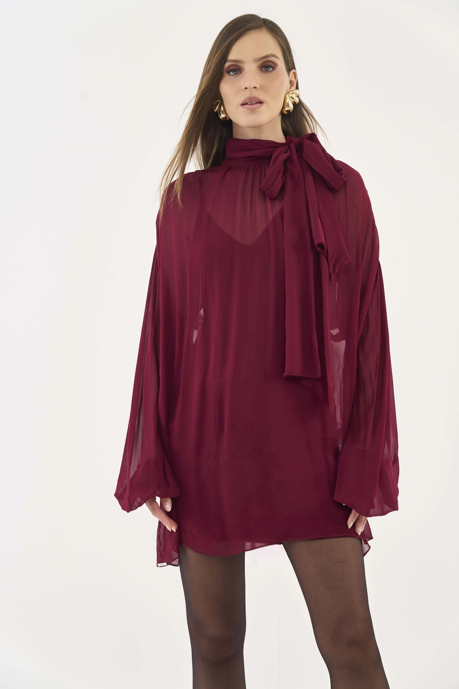 Vestido Fluido Manga Longa Com Amarração Bordô