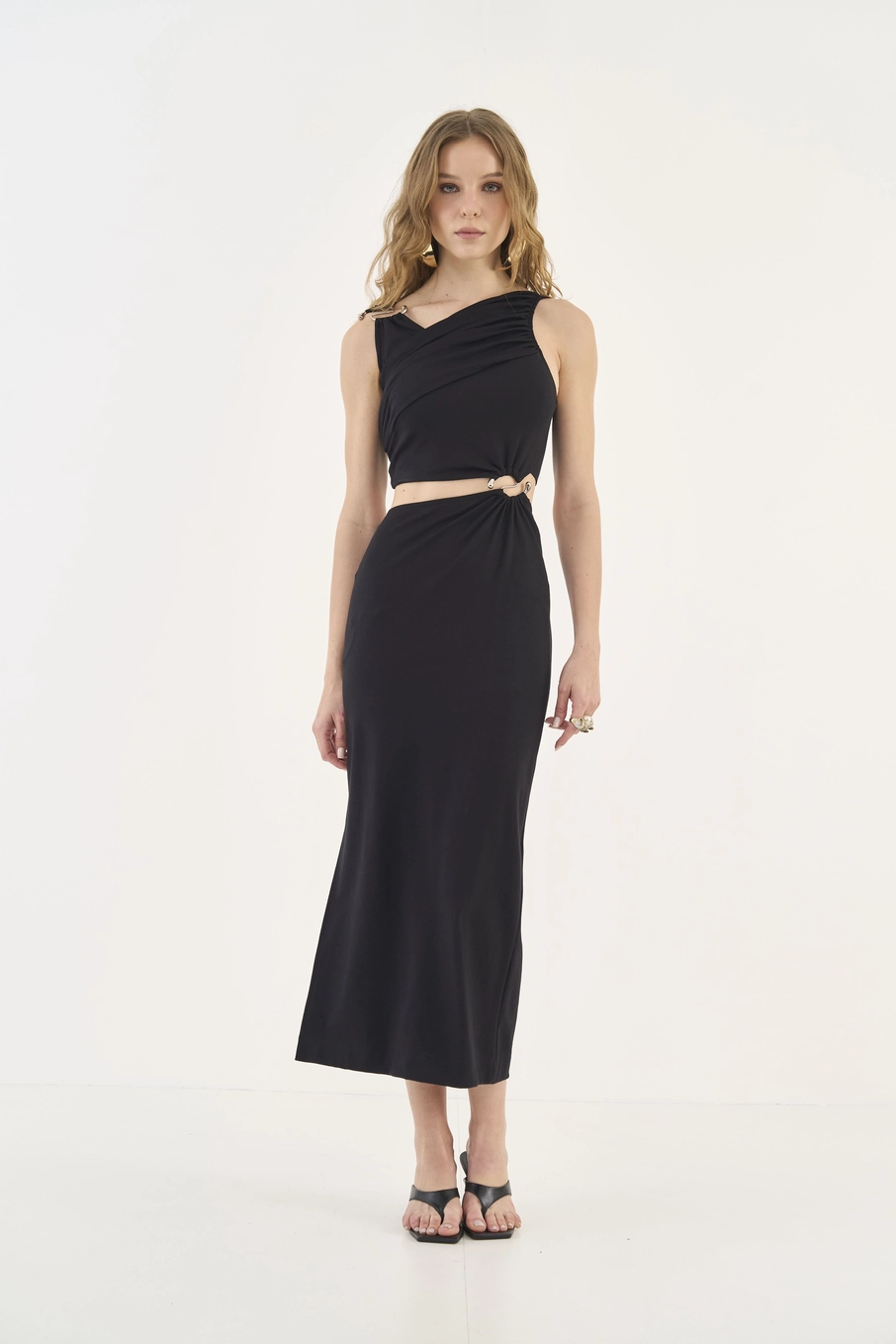 Vestido Midi Slim Com Recorte E Transpasse Preto