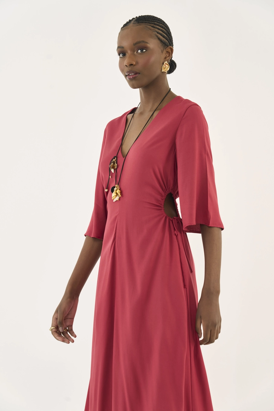 Vestido Midi Acinturado Cut Out Vermelho