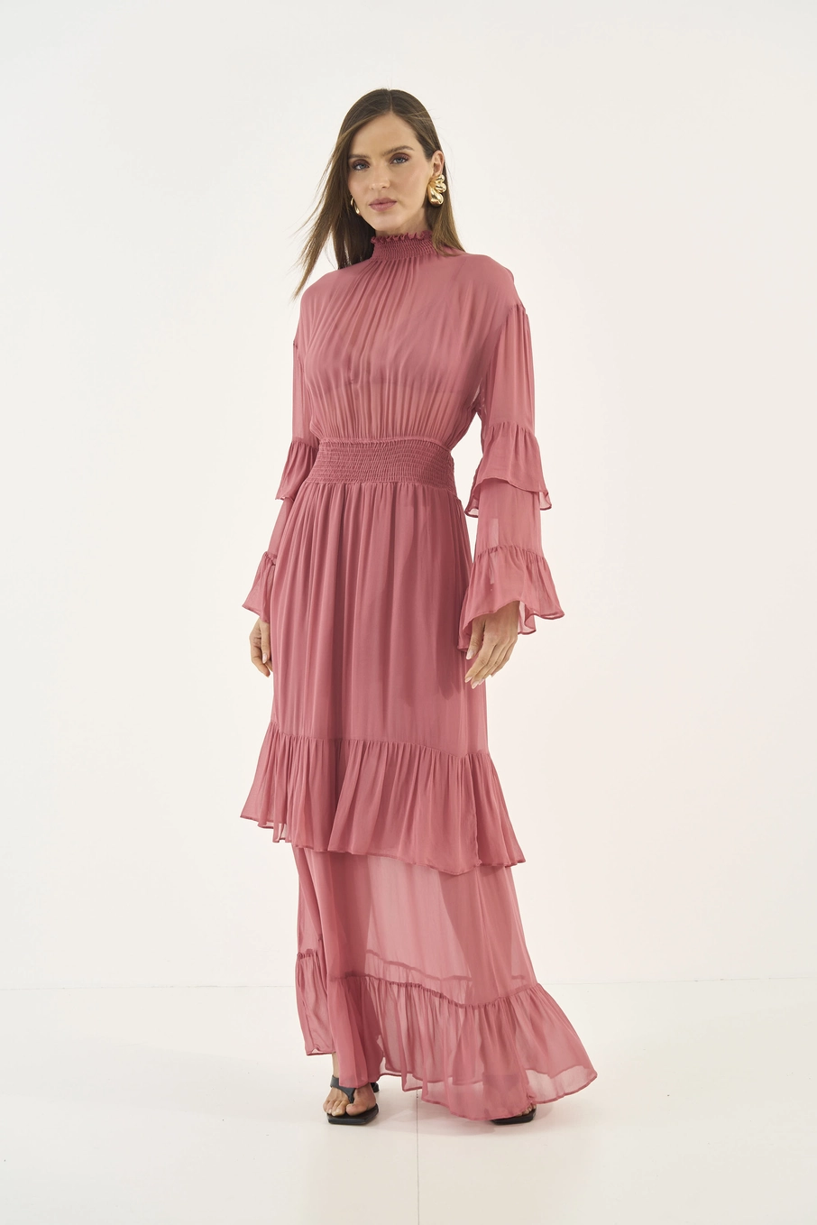 Vestido Chiffon Midi Loose Rosa