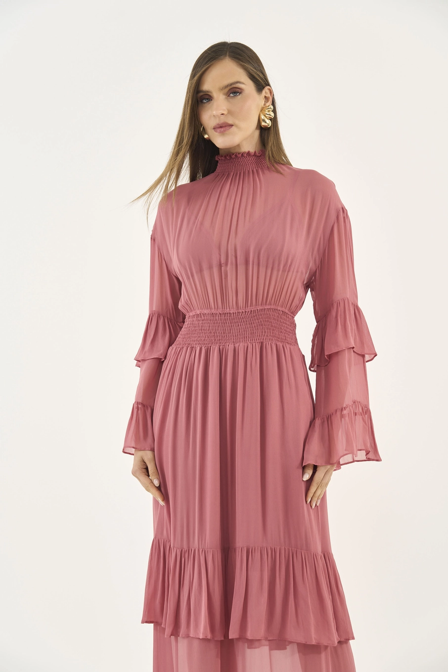 Vestido Chiffon Midi Loose Rosa