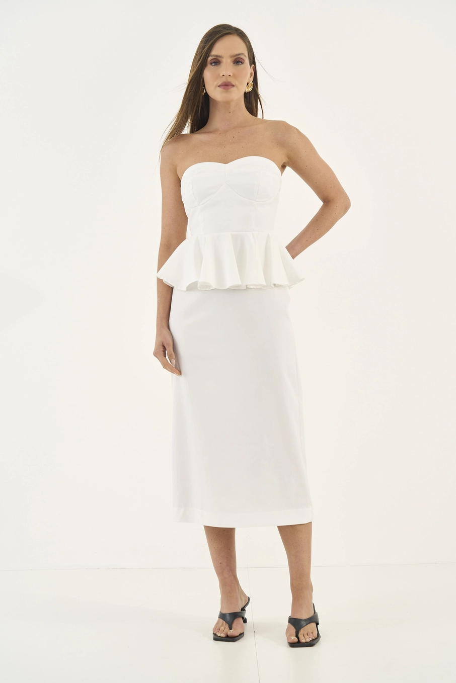 Vestido Midi Slim Com Babados Off Shell