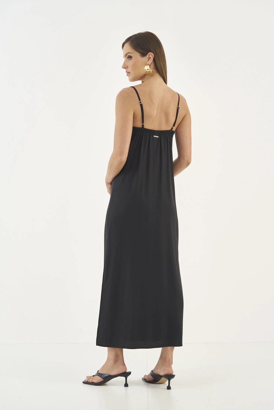 Vestido Midi Reto Com Fenda Preto