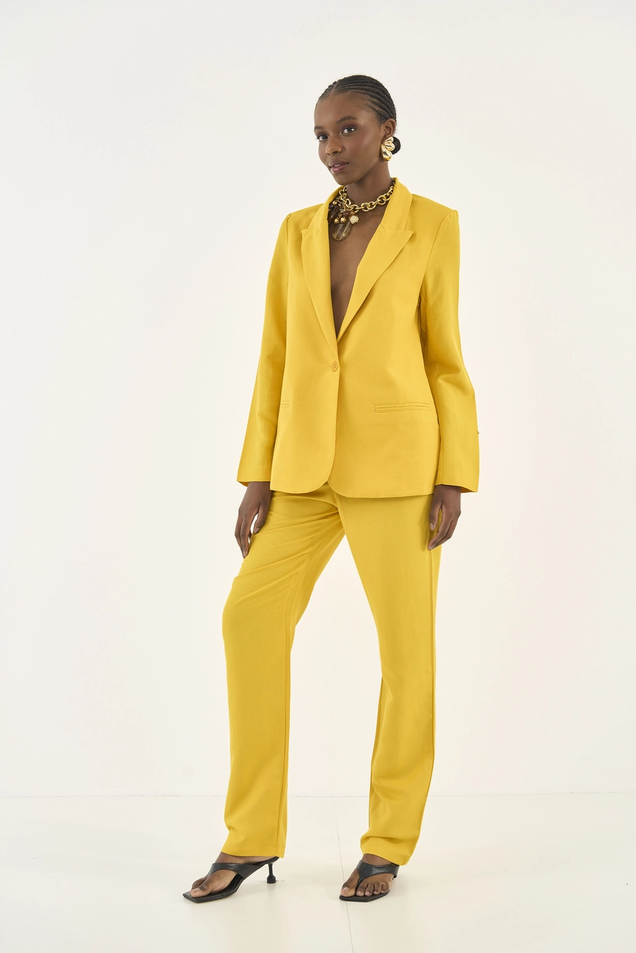 Blazer Alaiataria Acinturado Com Linho Amarelo
