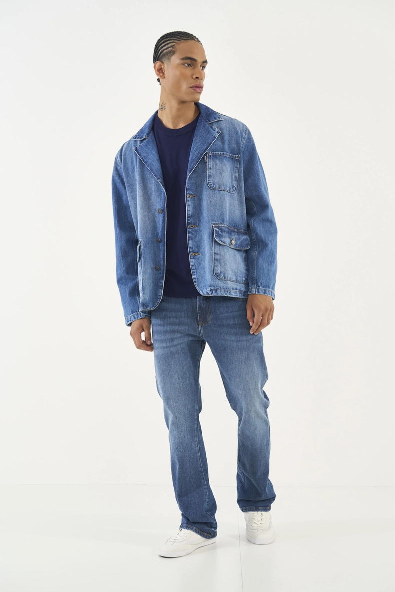 Blazer Jeans Em Alfaiataria Com Bolsos Utilitários