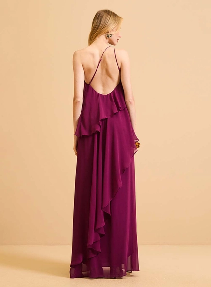 Vestido Longo Evasê Assimétrico Babados