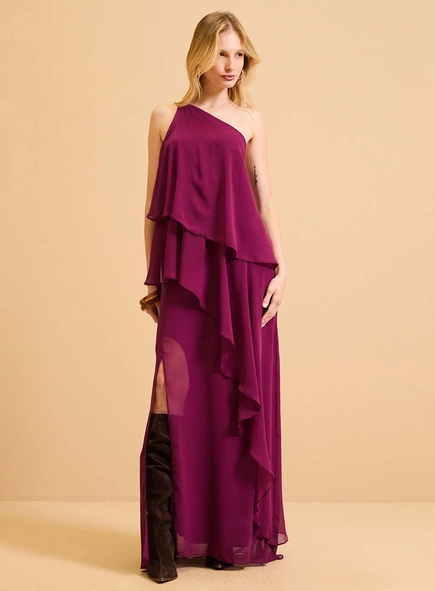 Vestido Longo Evasê Assimétrico Babados