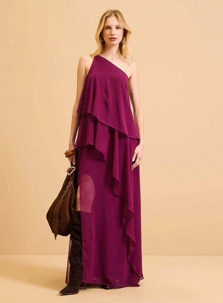 Vestido Longo Evasê Assimétrico Babados