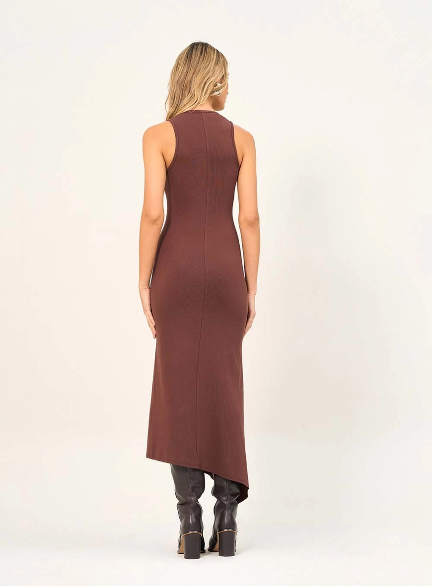 Vestido Longo Decote V Com Recorte Marrom 2