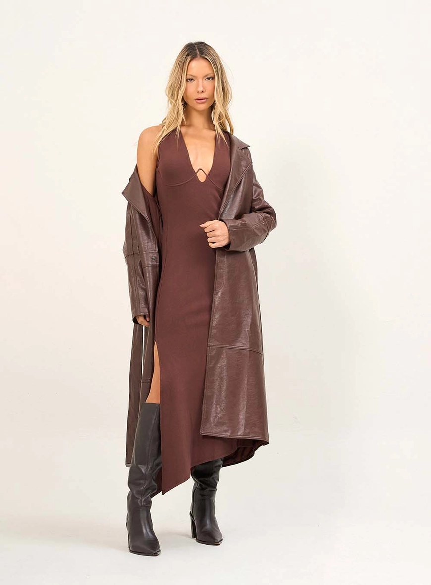 Vestido Longo Decote V Com Recorte Marrom 4