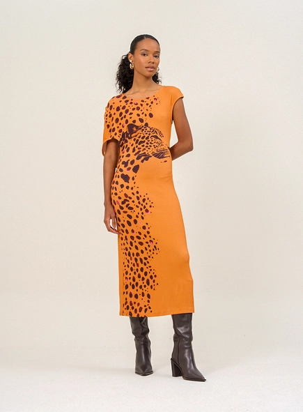 Vestido Midi Estampado Com Manga Japonesa