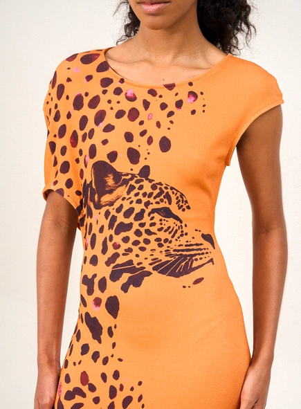 Vestido Midi Estampado Com Manga Japonesa