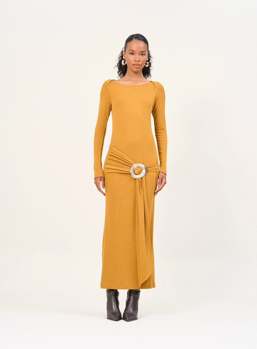 Vestido Longo Manga Longa Com Argola E Drapeado Amarelo 1