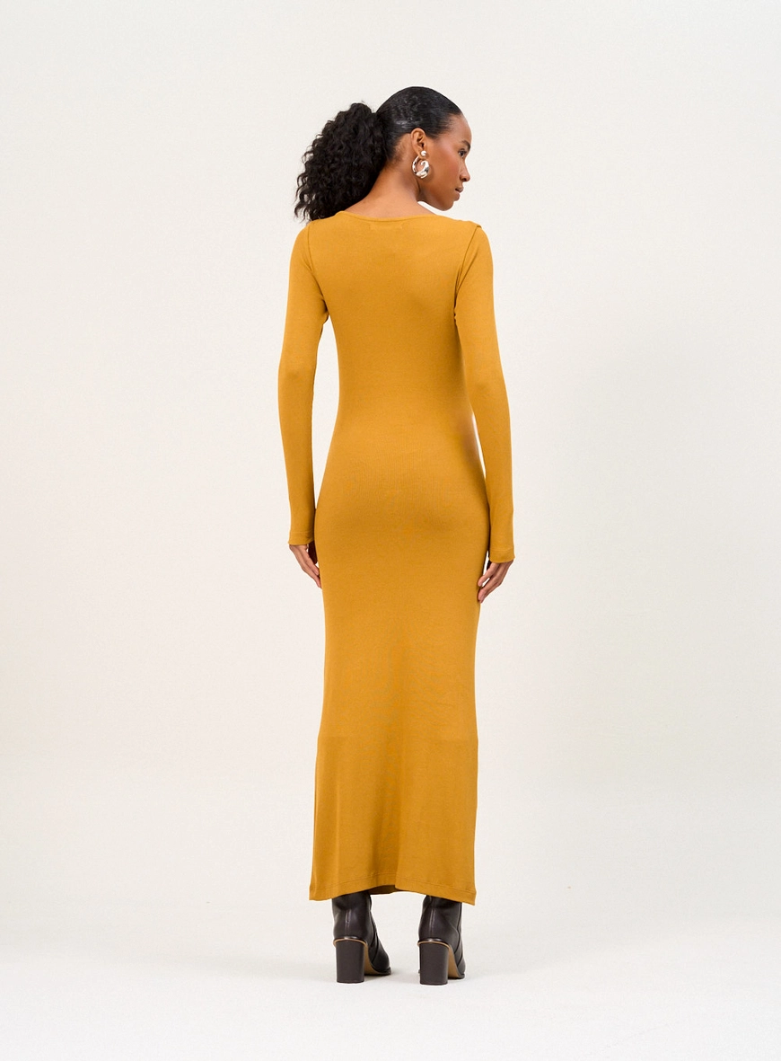 Vestido Longo Manga Longa Com Argola E Drapeado Amarelo 2