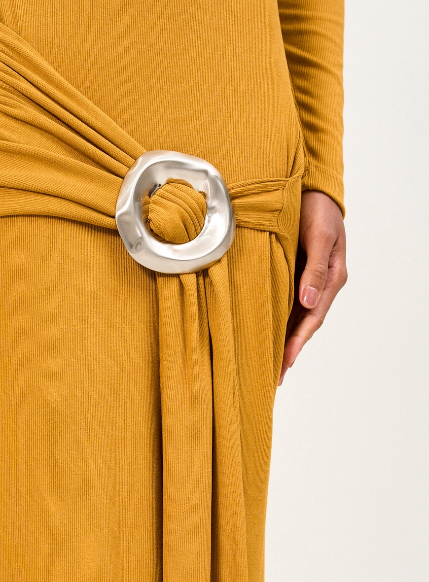 Vestido Longo Manga Longa Com Argola E Drapeado Amarelo 3