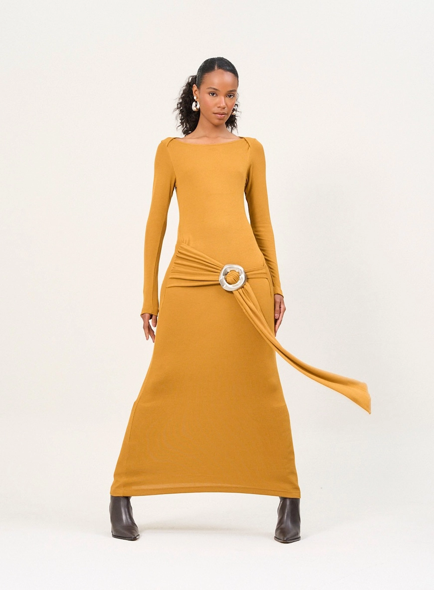 Vestido Longo Manga Longa Com Argola E Drapeado Amarelo 4