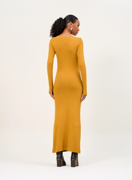Vestido Longo Manga Longa Com Argola E Drapeado