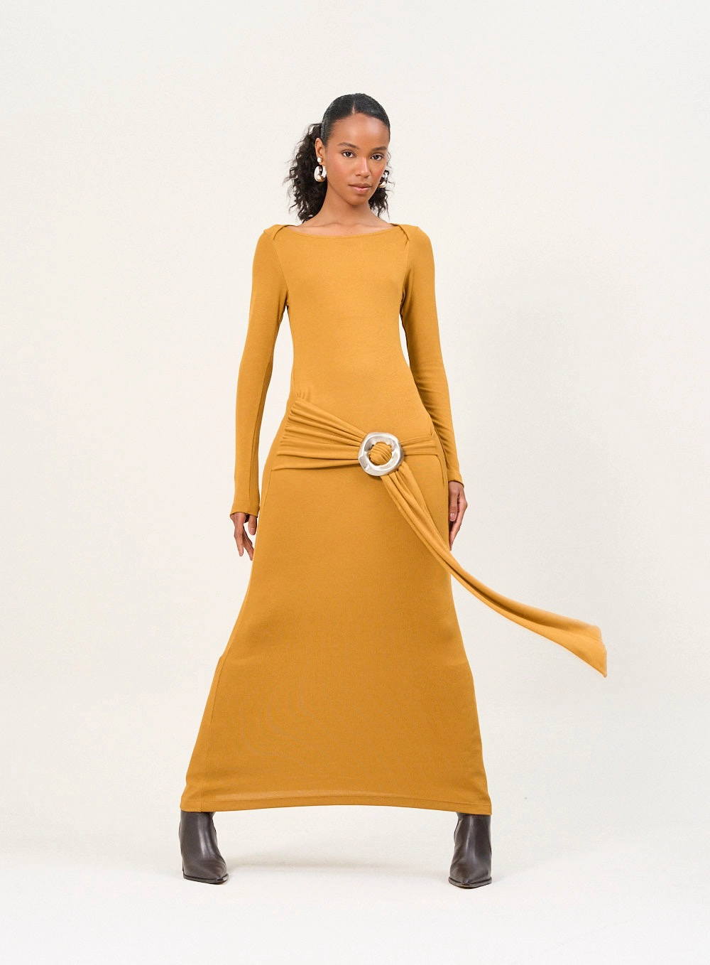 Vestido Longo Manga Longa Com Argola E Drapeado Amarelo 4